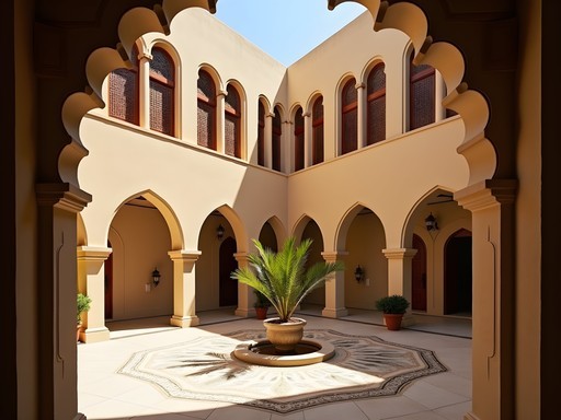 Interior courtyard of historic pearl merchant house in Muharraq with traditional architecture