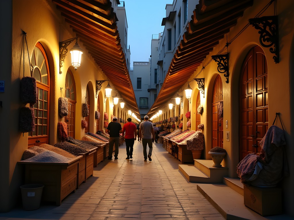 Evening scene in Souq Al Qaisariya with traditional lanterns and merchants