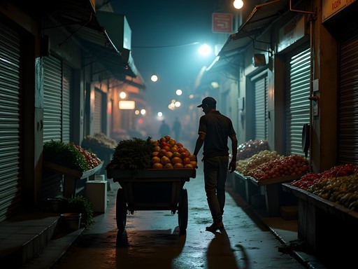 Nighttime wholesale activities at Crawford Market in Mumbai
