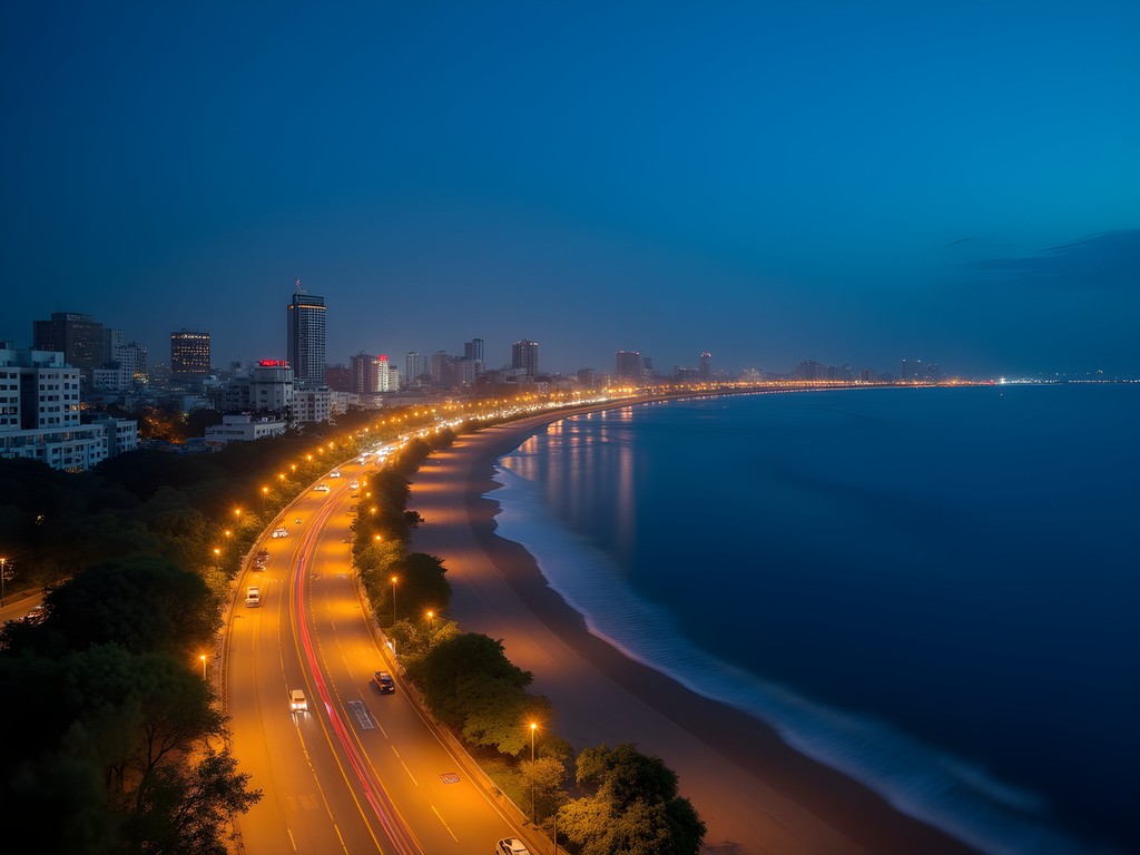 Marine Drive's Queen's Necklace illuminated at night in Mumbai