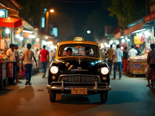 Iconic black and yellow Mumbai taxi at night with illuminated street scene