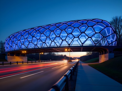 Blue illuminated honeycomb structures of the Beehive Bridge in New Britain at dusk