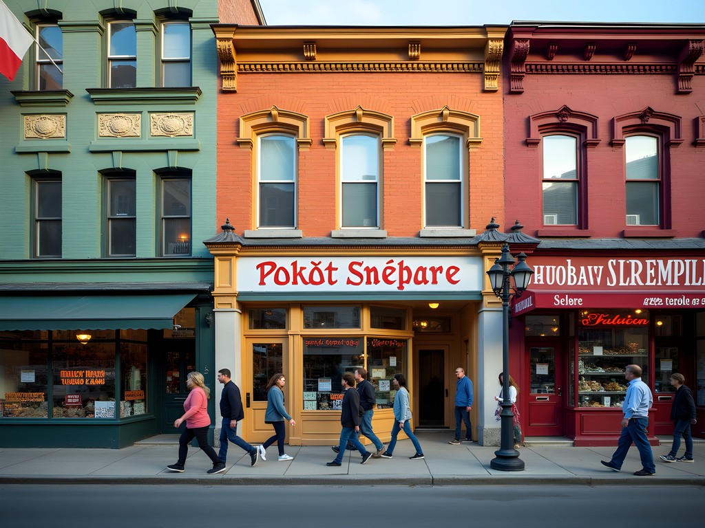 Colorful storefronts and Polish flags along Broad Street in New Britain's Little Poland district
