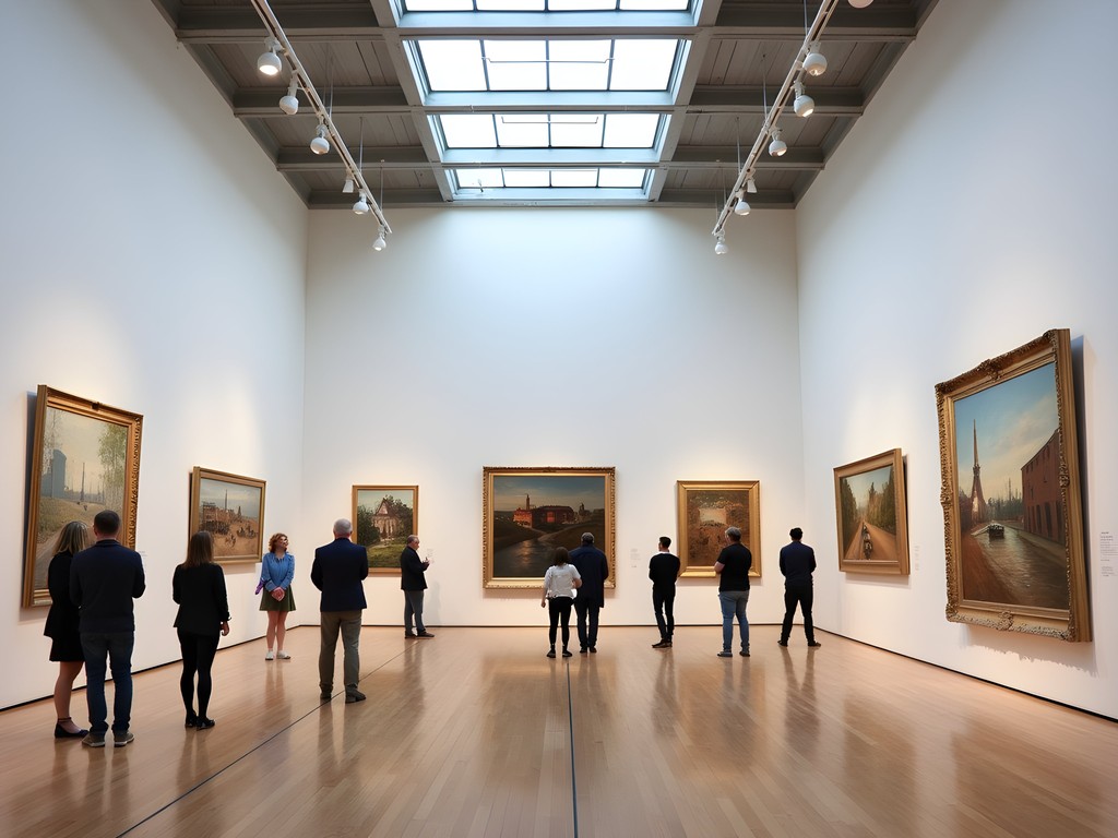 Interior gallery of the New Britain Museum of American Art with industrial paintings
