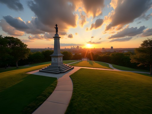 Sunset view of New Britain's skyline from Walnut Hill Park with World War I memorial