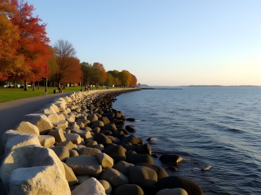 Five Islands Park waterfront view of Long Island Sound in New Rochelle during fall