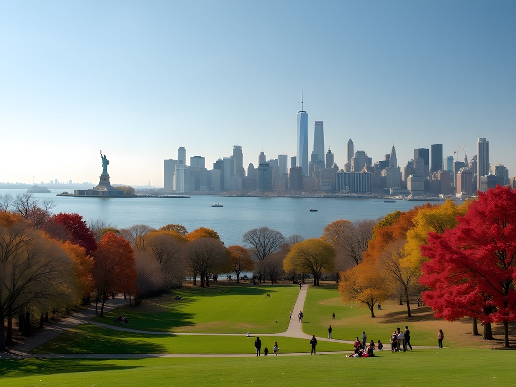 Panoramic view of Manhattan skyline from Sunset Park in autumn with colorful fall foliage