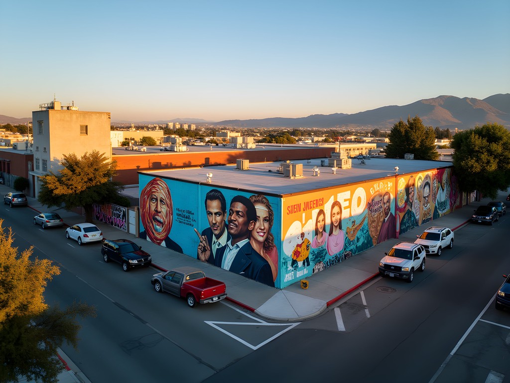 Colorful murals in West Oakland bathed in early morning light