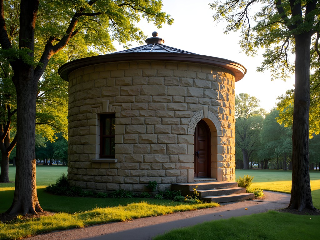 Historic stone observatory building in Elmwood Park with unique cylindrical architecture