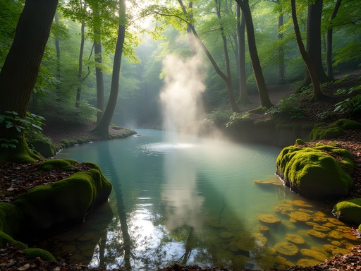 Hidden thermal springs in Hummel Park with morning mist rising from the water