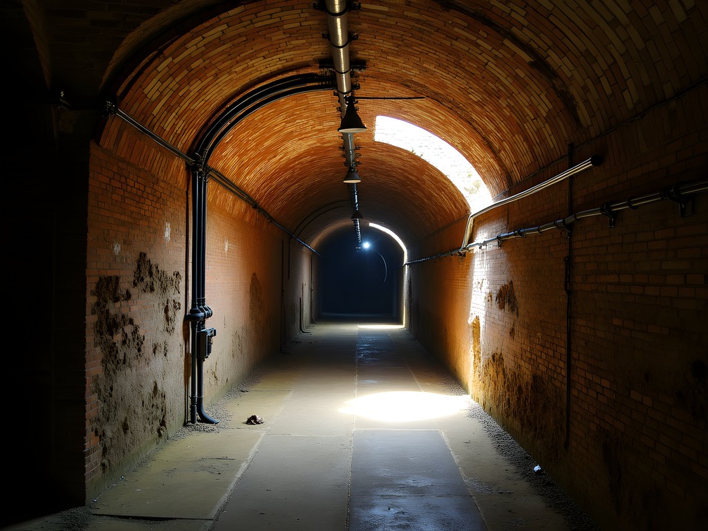 Historic underground tunnel beneath Omaha's Old Market district with brick archways and original fixtures