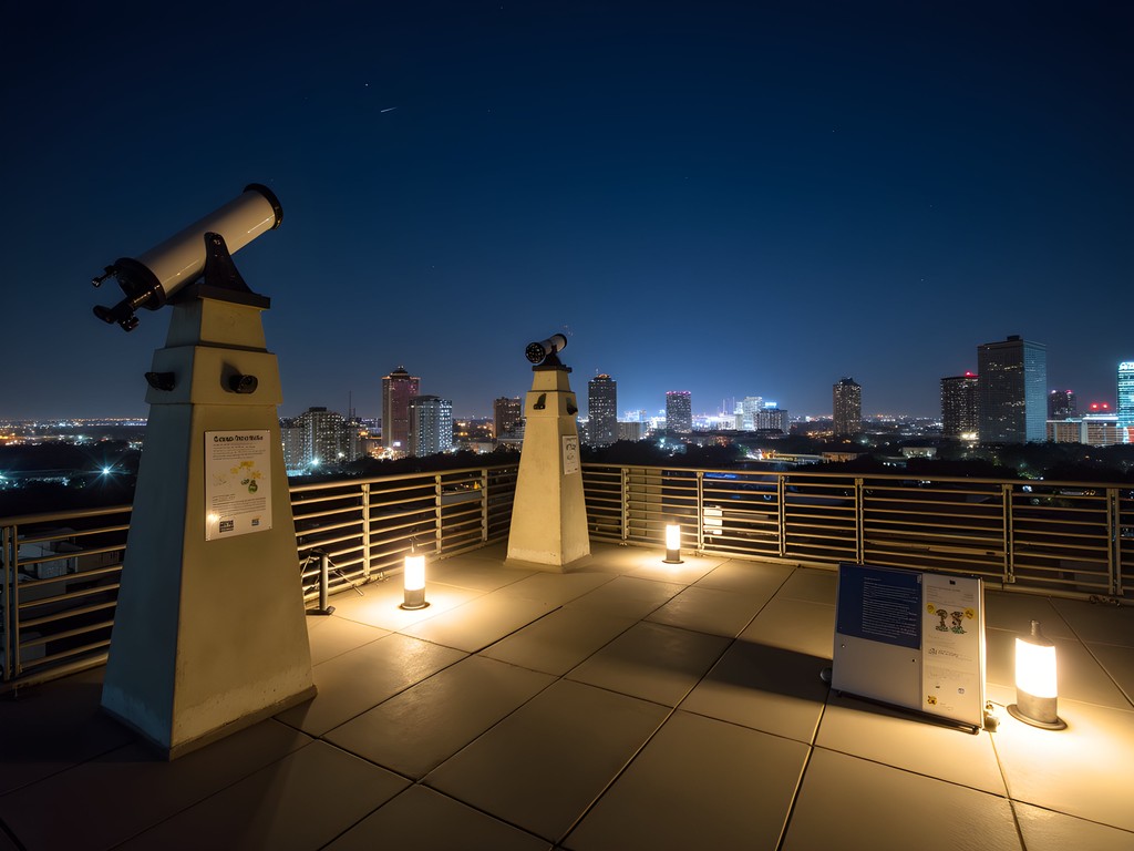 Urban astronomy deck on Midtown Crossing rooftop with telescope mounting piers and city skyline
