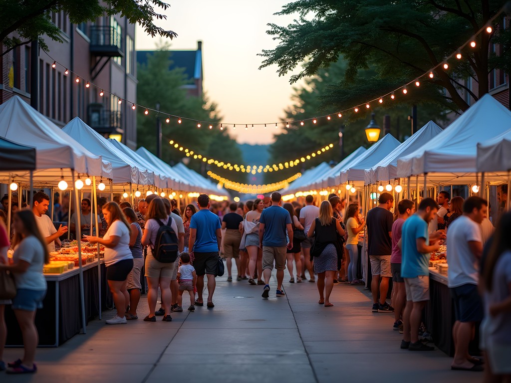 Bustling night market on Main Street in Oshkosh with local vendors, string lights, and diverse crowd