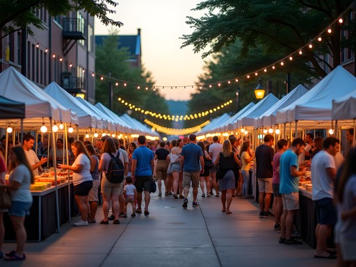 Bustling night market on Main Street in Oshkosh with local vendors, string lights, and diverse crowd