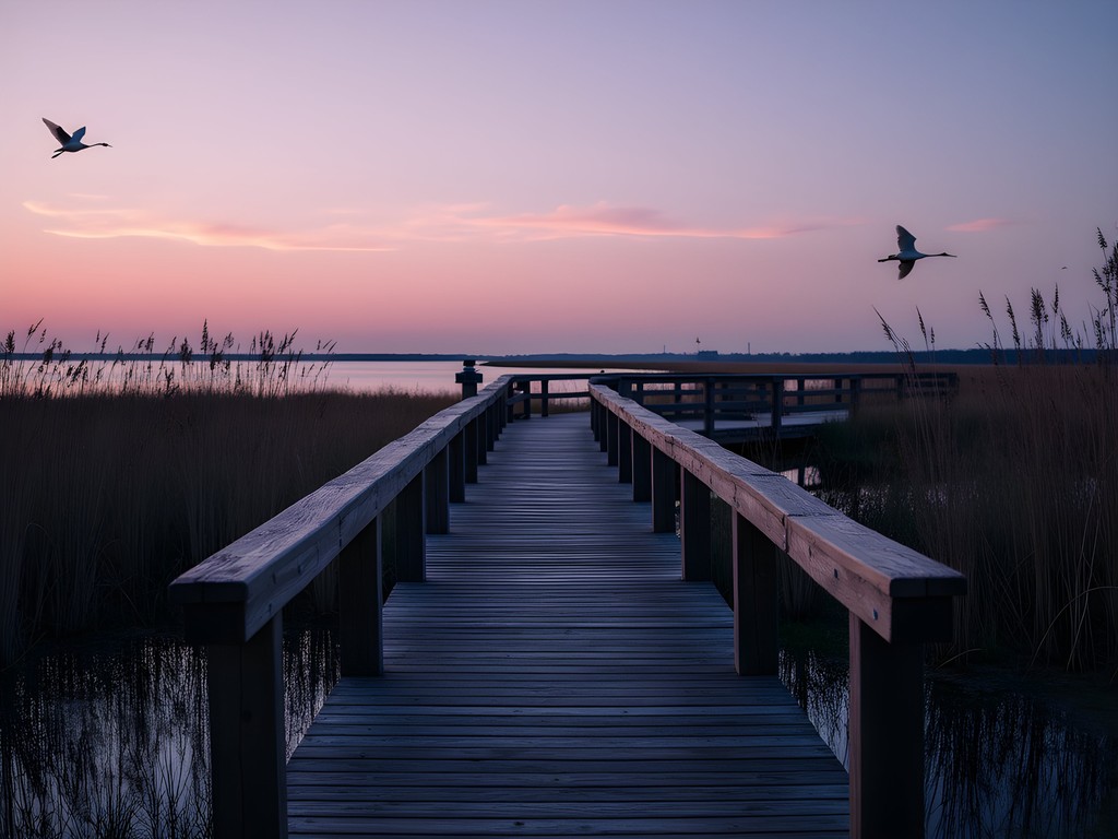 Wooden boardwalk through wetlands at Terrell's Island in Oshkosh at dusk with silhouettes of birds