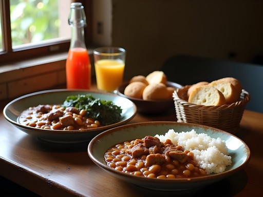 Traditional Minas Gerais meal with tutu à mineira, pork, rice, and collard greens on a wooden table