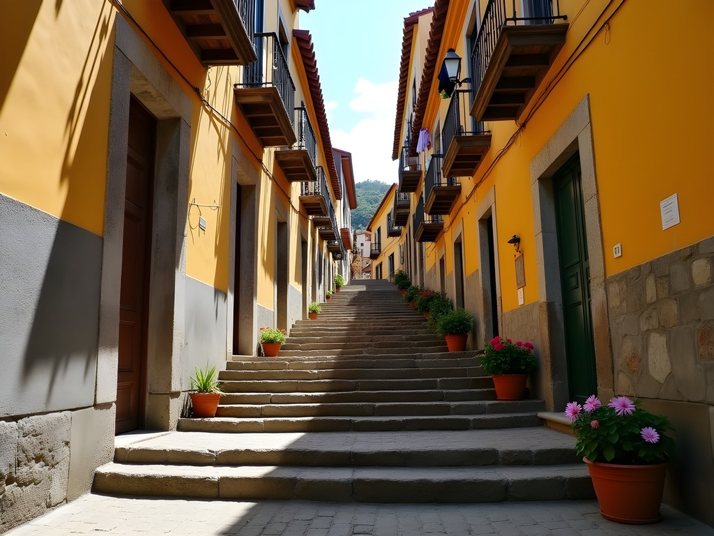 Narrow cobblestone alley between colonial houses in Ouro Preto with steep steps and flowering plants