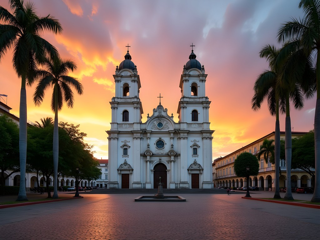 Metropolitan Cathedral towers in Casco Viejo Panama City at golden hour