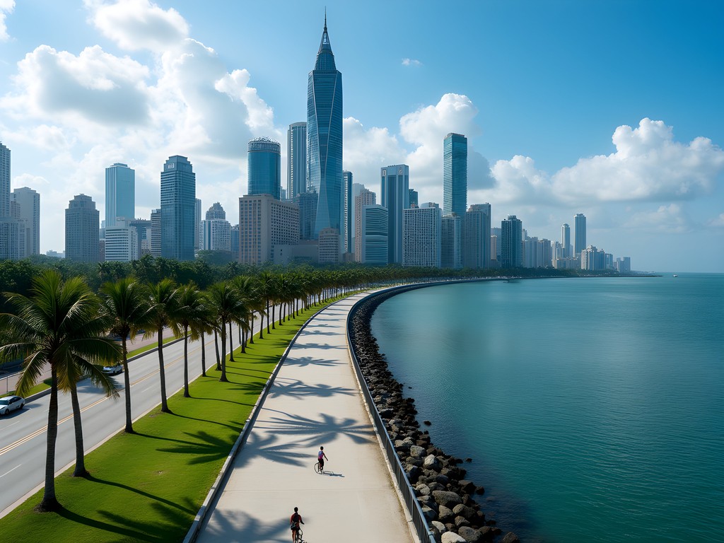 Modern Panama City skyline with skyscrapers along Cinta Costera waterfront