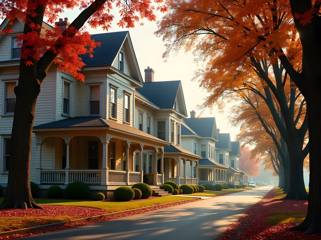 Victorian mansions with fall foliage in Julia-Ann Square Historic District, Parkersburg