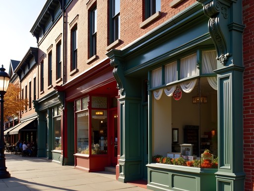 Restored historic storefronts with original architectural details in downtown Parkersburg