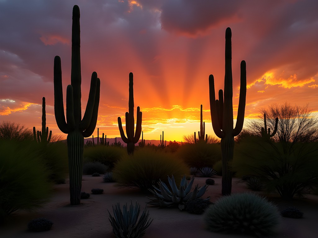Saguaro cacti silhouettes against a vibrant orange sunset at Phoenix Desert Botanical Garden