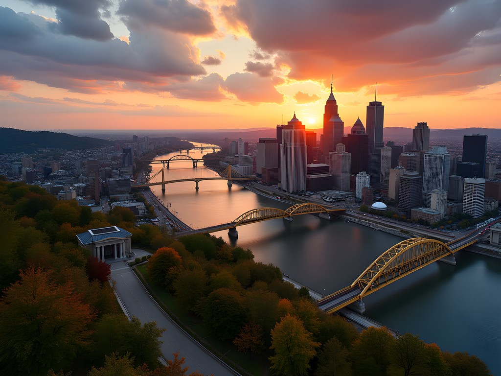View from Duquesne Incline of Pittsburgh skyline at sunset with rivers and bridges