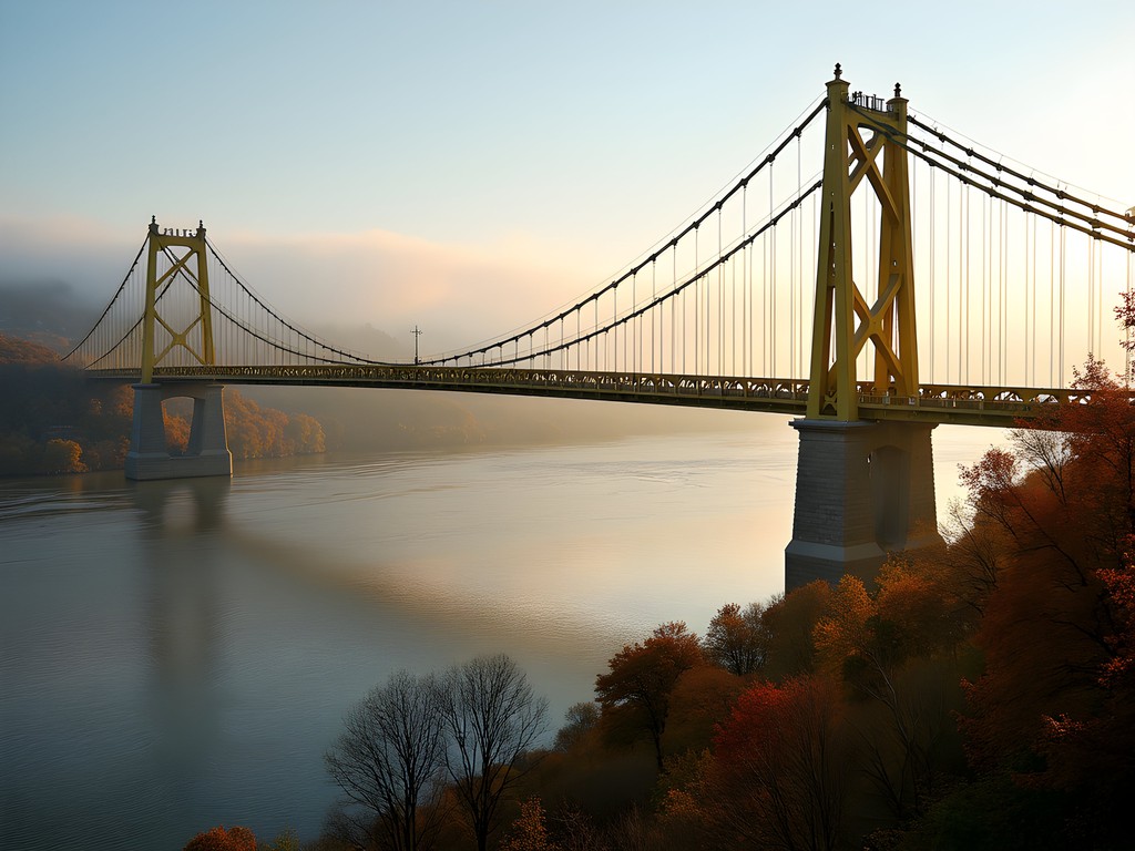 Pittsburgh's Three Sisters bridges spanning the Allegheny River with morning fog