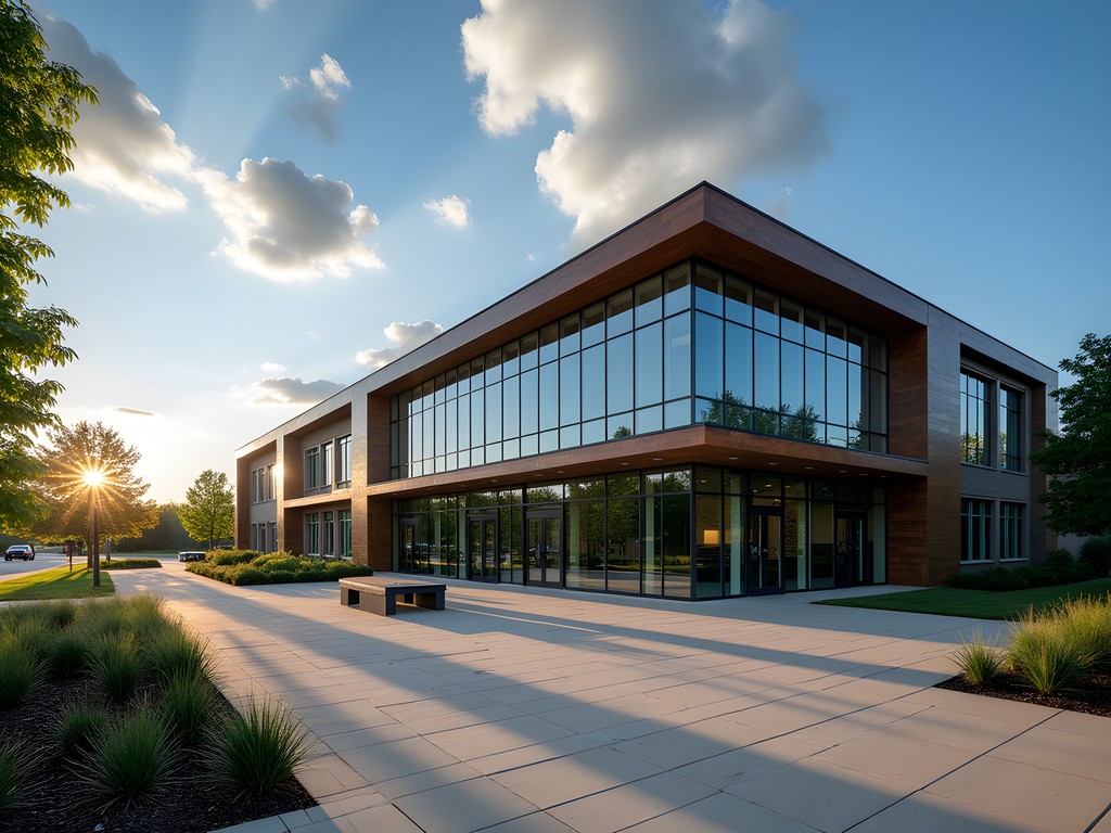 Modern glass façade of Plymouth City Hall reflecting morning light