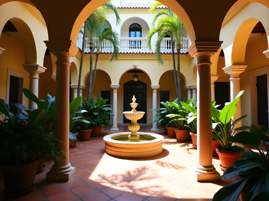 Interior courtyard of Casa Armstrong-Poventud with tropical plants and traditional colonial architecture
