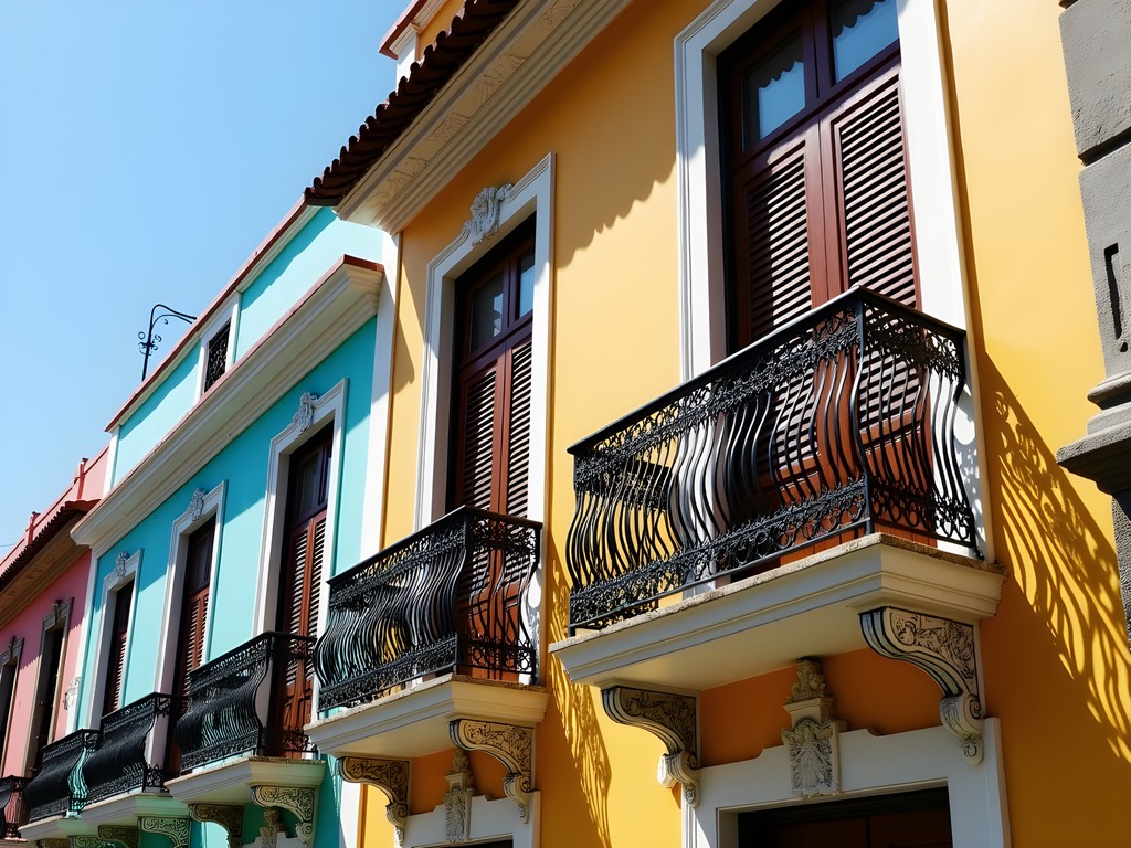 Detailed view of Ponce Creole architecture showing colorful facades and ornate ironwork