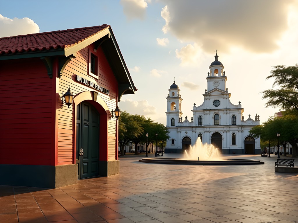 Plaza Las Delicias in Ponce with the red and black Parque de Bombas and cathedral in morning light