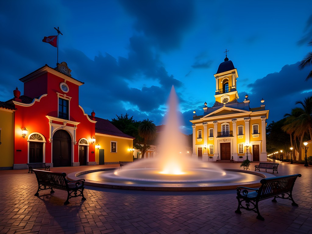 Plaza Las Delicias in Ponce at twilight with illuminated historic buildings and cathedral
