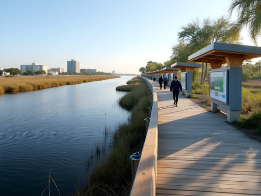 St. Lucie River waterfront with environmental monitoring displays and urban development