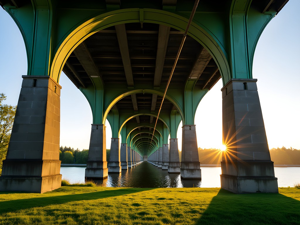 St. Johns Bridge Gothic arches at sunset in Cathedral Park Portland Oregon