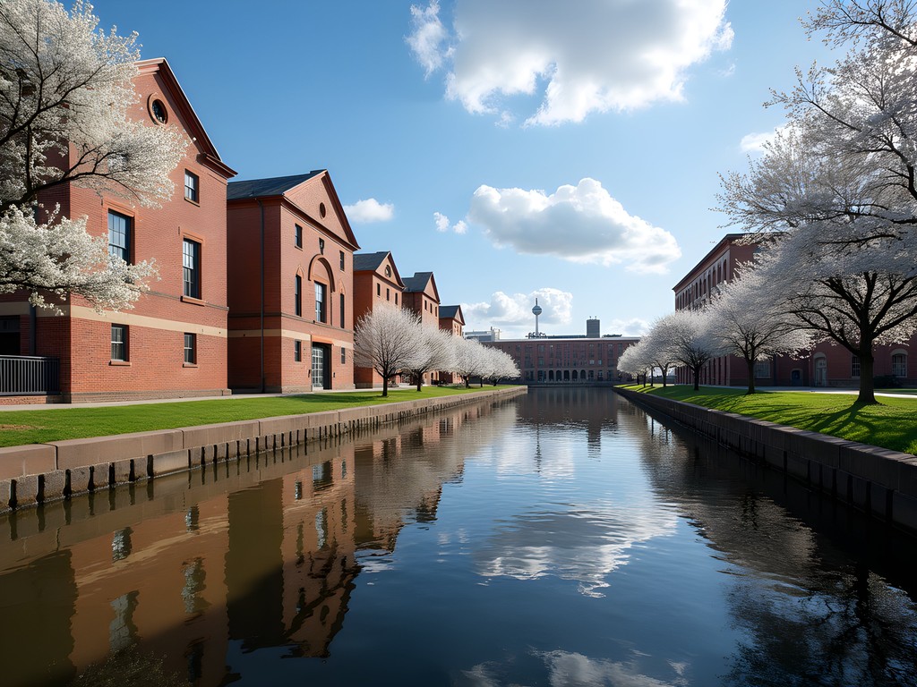 Historic Portsmouth Naval Shipyard with spring flowering trees and Elizabeth River