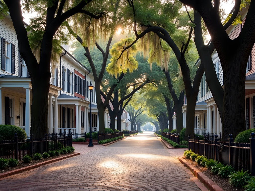 Tree-lined historic street in Portsmouth's Olde Towne with Federal and Victorian architecture