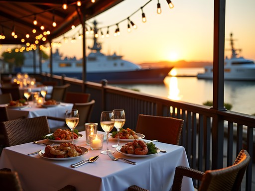 Waterfront dining in Portsmouth with view of harbor at sunset