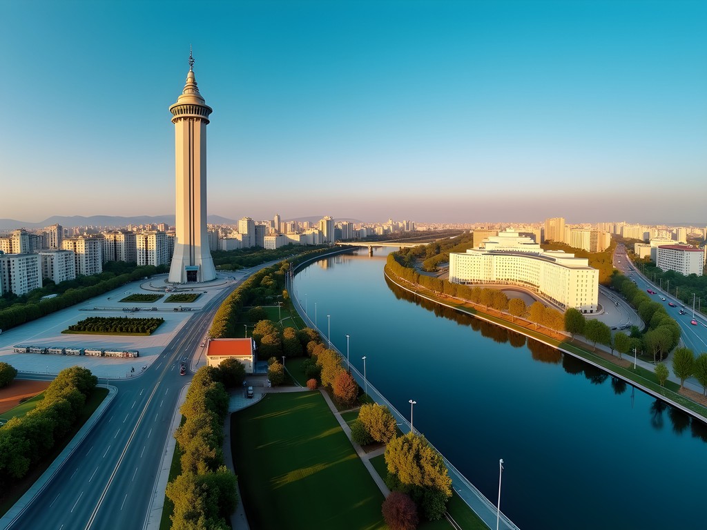 Panoramic view of Pyongyang skyline featuring Juche Tower and Taedong River