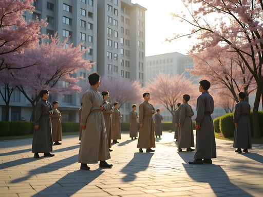 Pyongyang residents performing morning exercises in a residential courtyard during spring