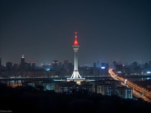 Pyongyang's night skyline showing limited light pollution with Juche Tower illuminated