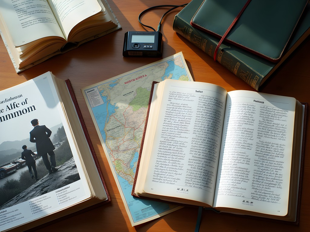 Travel preparation materials for North Korea including books, maps and translation device