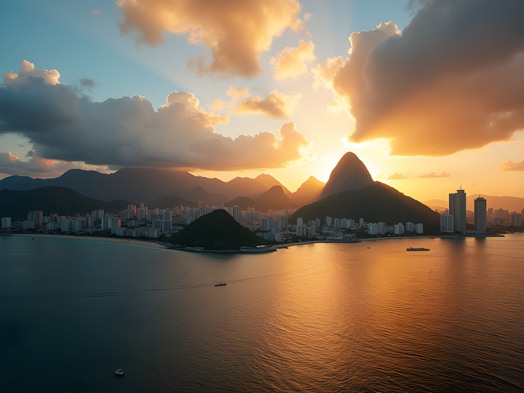 Panoramic view of Rio de Janeiro's skyline and mountains from ferry crossing to Niterói at sunset