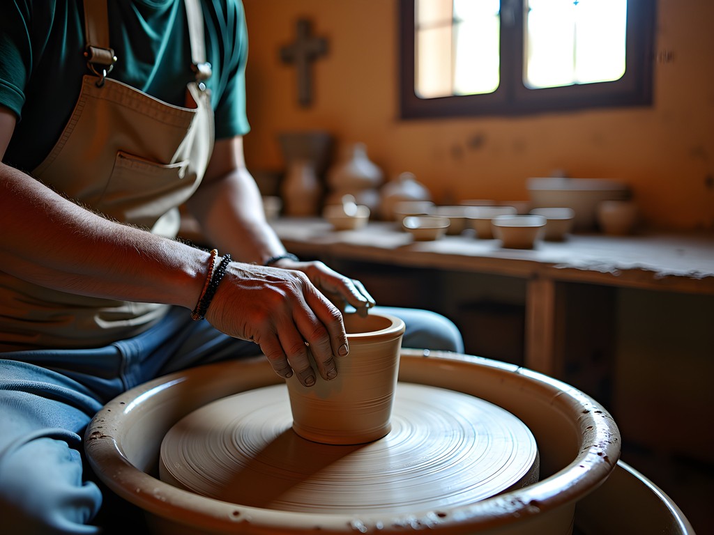 Local ceramic artist demonstrating traditional pottery techniques in a small workshop near the Uruguay-Brazil border