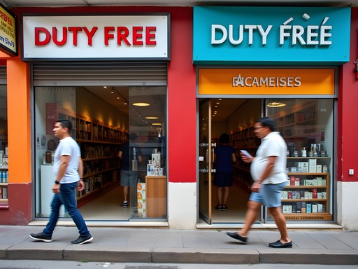 Colorful duty-free shops along Avenida Sarandí in Rivera, Uruguay