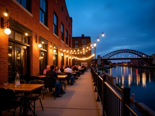 Evening at Prairie Street Brewing Co. with Rock River views and historic architecture