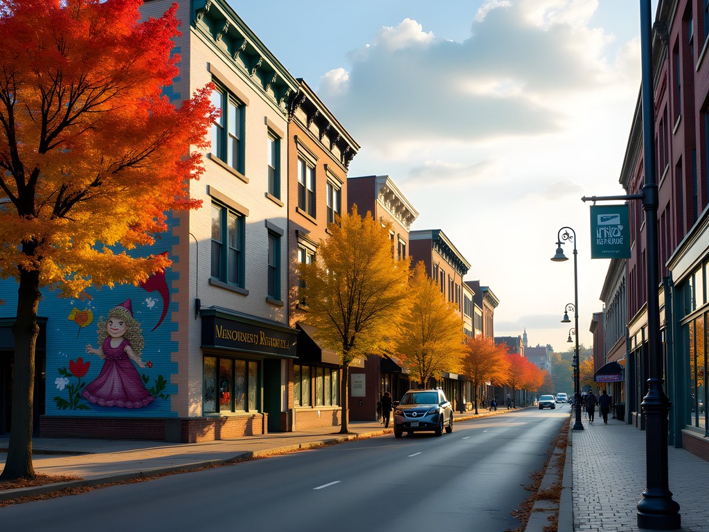 Colorful murals in downtown Rockford with autumn leaves and historic architecture