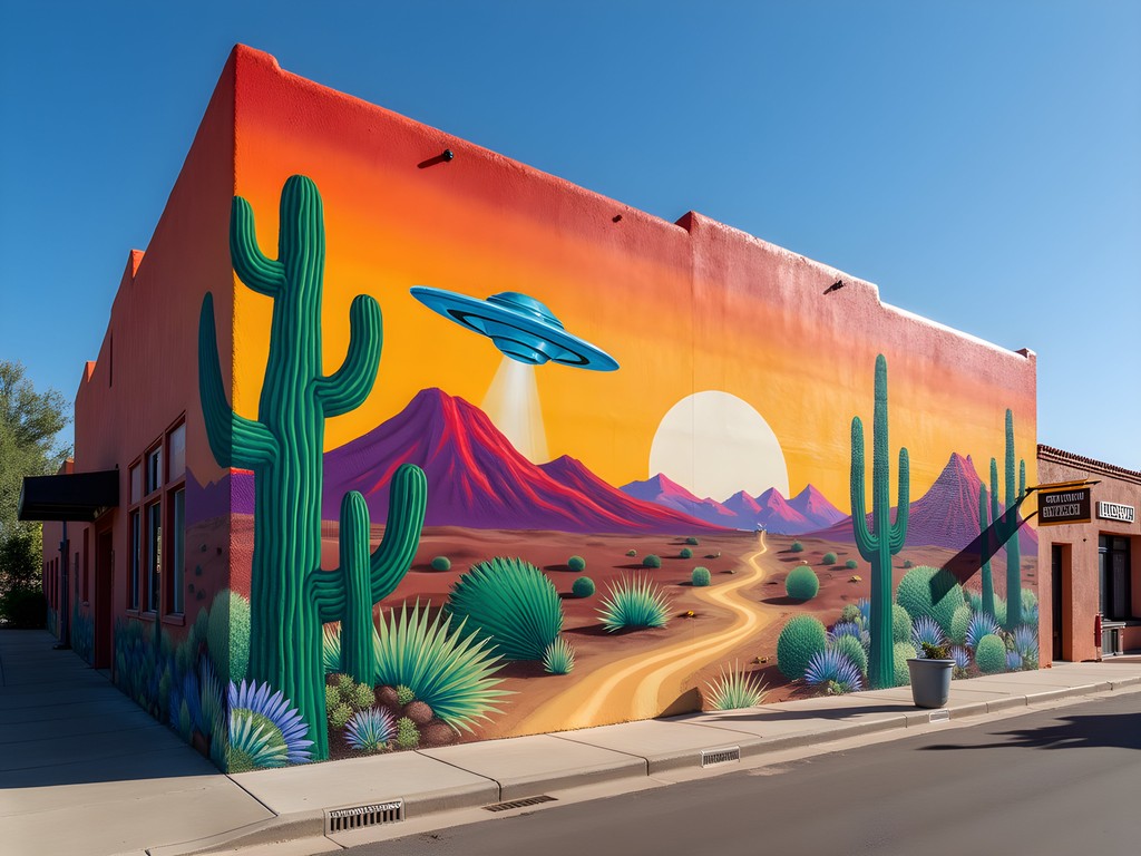 Colorful street art mural in downtown Roswell featuring southwestern motifs