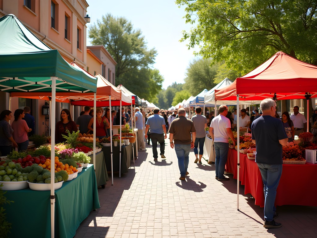 Vibrant Saturday farmers market in downtown Roswell with locals and visitors