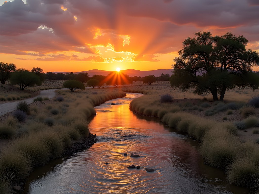 Sunset over Spring River in Roswell with desert landscape